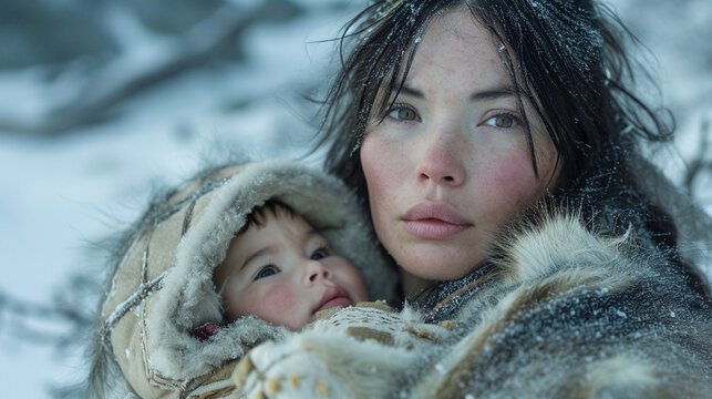 A powerful portrait of an Inuit woman wearing a traditional amauti, tenderly cradling her child in a cozy sealskin pouch, surrounded by the pristine snow-covered landscape of the A