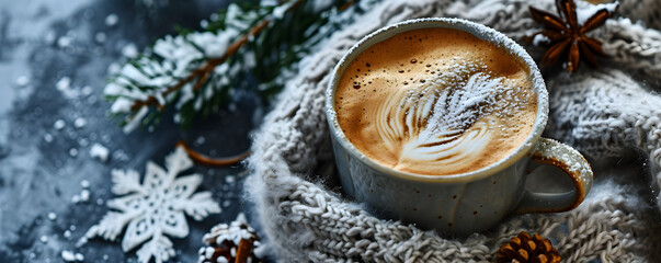 Obraz na płótnie Canvas Close up photo cup of espresso coffee with foam on knitted gray fabric against the background of a fir branch and snow. Hot warming fresh drink in a cozy atmosphere. Top view banner with empty space