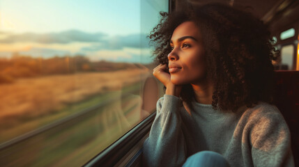 Young African American woman traveling by train in Europe, sitting near train window, looking at French countryside, solo vacation, miditative atmosphere, railroad trip - obrazy, fototapety, plakaty
