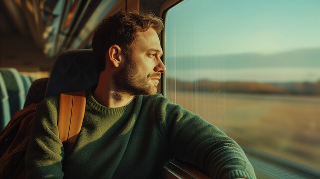 Handsome man traveling by train in Europe, 40 year old Caucasian man looking at train window at sunset, solo railroad trip, French countyside and beautiful skies, travel photo portrait