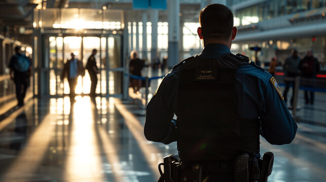 Security man holding metal weapon detector scanner for checking male passenger who going through procedure of physical inspection at entrance airplane gate..- Generative AI.