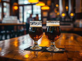 Fototapeta na wymiar Glasses of dark beer on a wood table in a pub, Generative AI
