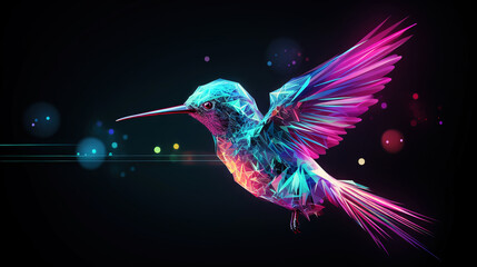 Big data visualization. Flight of a digital humming bird in neon colors. Information aesthetic design. Generative AI - obrazy, fototapety, plakaty
