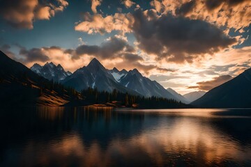 Fototapeta na wymiar sunset over the lake and mountain