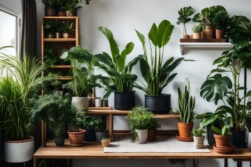 Different organic indoor plants in living room with decorations on the table. Composition of home garden green industrial interior. Urban jungle interior with houseplants. green concept for magazine. 