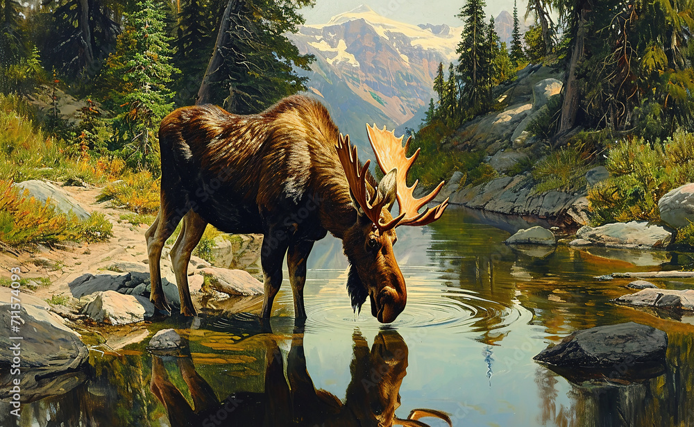 Wall mural Moose drinking water in the river