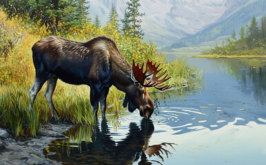 Moose drinking water in the river