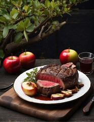 Dark red ribeye steak sunderneath apples