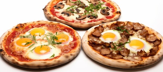 Fototapeta na wymiar Three traditional italian pizzas with mozzarella cheese, isolated on white background