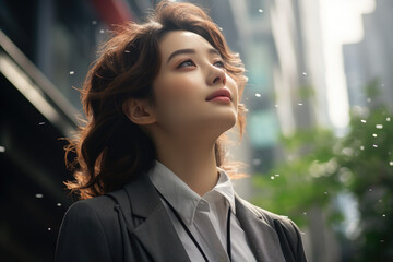 Fototapeta premium Career woman wearing a business suit and looking at the sky in the city