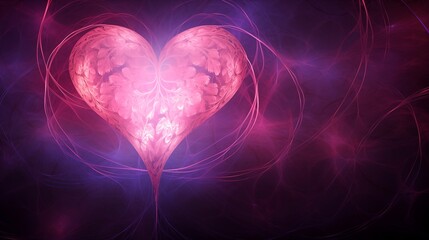 Glowing pink heart with floral pattern against dark background