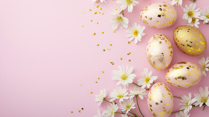Easter golden eggs on pastel pink background. Holiday concept. Happy Easter card with copy space.Wallpaper, flyers, invitation, posters, brochure, banners.