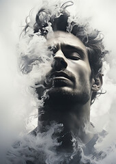 Man with curly hair and a beard, smoking a cigarette with smoke surrounding his face.