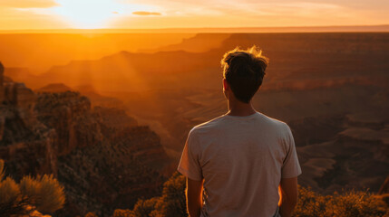 Obraz premium Man looking into a vast canyon with his back turned generative ai
