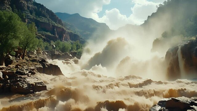 Dramatic footage captures the intense power of a flash flood as it races down a mountain canyon, engulfing everything in its way.