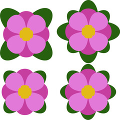 Simple 2D illustration digital drawing of a set of circle symmetrical pink petal flowers with dark green leaves.