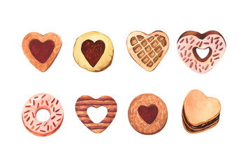 Realistic cookies, love concept, sweet biscuit dipped in chocolate sauce and strawberry pink syrup. Watercolor hand-drawn illustration isolated on white background. Desserts for Happy Valentine's day