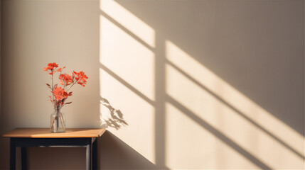 flowers in vase behind the window with morning light