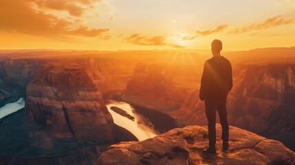 Fototapeta premium Man looking into a vast canyon with his back turned generative ai