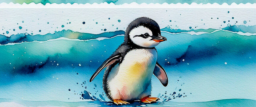 A portrait of a baby penguin with cute stripes next to its eyes. Illustration in watercolor style.