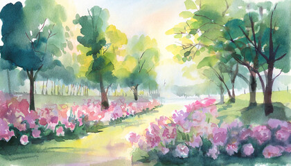 Watercolor Art Painting: Blooming Flowers in Park Gently at Morning