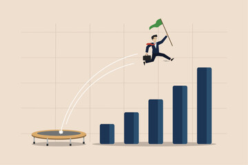 Competitive advantage or innovation business winning, smart way to win business or career growth concept, businessman jumping trampoline up business growth graph.