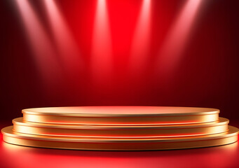 Empty podium golden on red background with light neon effects with bokeh decorations. Generative AI