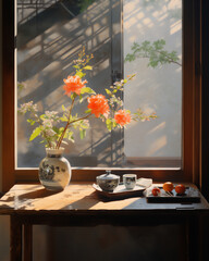 flowers in vase behind the window with morning light
