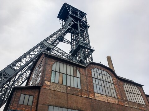 Mining tower of old Hlubina black coal mine in Ostrava Dolni Vitkovice region