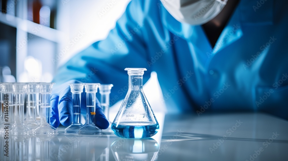Poster scientist examining and analyzing diverse lab samples with copyspace for informative captions