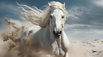 Obraz na płótnie Canvas A white horse is running across the desert.
