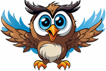 Cartoon Owl with Big Blue Eyes Opening Wings and Looking Cute generative ai