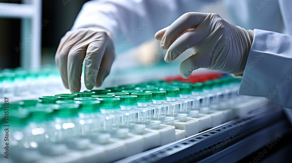 Poster scientist conducting scientific analysis of lab samples with empty space for text placement