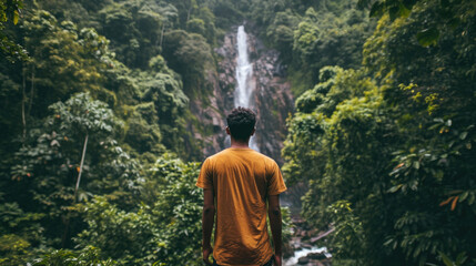 Man looking towards a distant waterfall generative ai