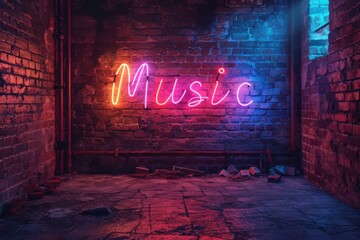 A brick wall with a neon sign that says music