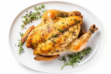 Perfectly cooked roasted chicken on isolated white background, top view with ample space