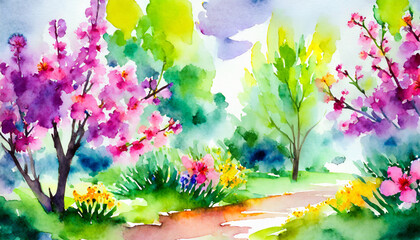 Watercolor Art Painting: Fresh Blossoms in Garden Joyfully at Noon