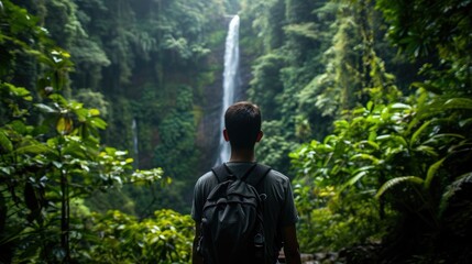 Man looking towards a distant waterfall generative ai