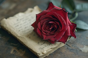red rose on book. "Love's Echo: The Faded Chronicles of Affection"