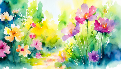 Watercolor Art Painting: Fresh Blossoms in Garden Joyfully at Noon