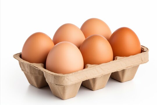 Close up of a wooden box filled with fresh, organic eggs, isolated on a clean white background