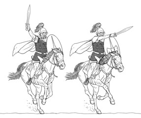 Roman cavalry on the attack. Historical hand drawing.
