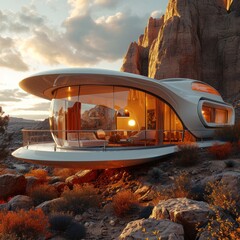 A modern house with circular architecture, built into a rocky slope, with panoramic windows and a terrace overlooking the seascape. Concept: Martian landscape, life in solitude far from civilization