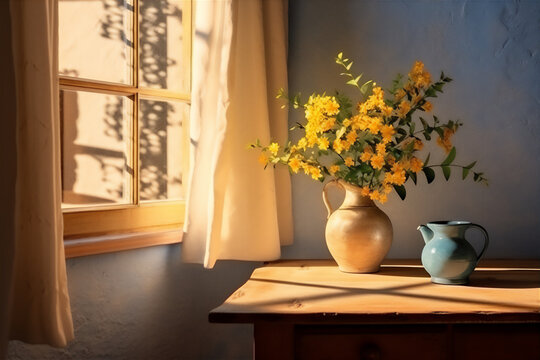 flowers in vase behind the window with morning light