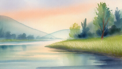 Fototapeta premium Watercolor Art Painting: Renewed Nature on Riverbank Gracefully at Dusk