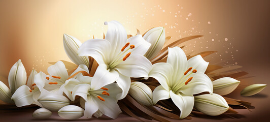 bouquet of white tulips   white lily on a wooden background