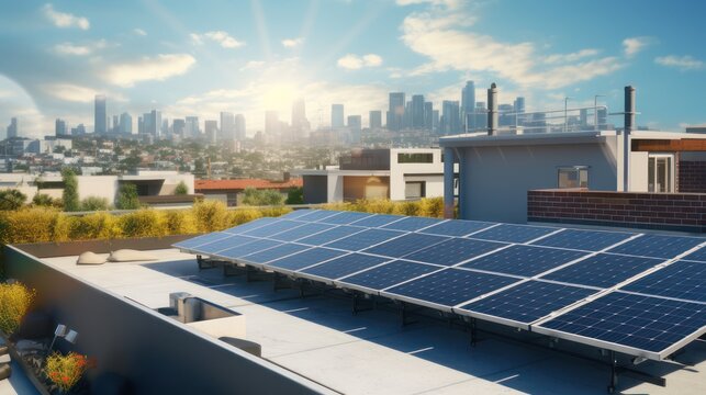 Solar panel cells are installed on the roofs of urban buildings, an environmentally friendly source of renewable electrical energy.