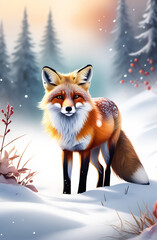 Fototapeta premium Close-up of a beautiful red fox against the backdrop of a snowy winter forest with a bushy tail. Wild forest animals.