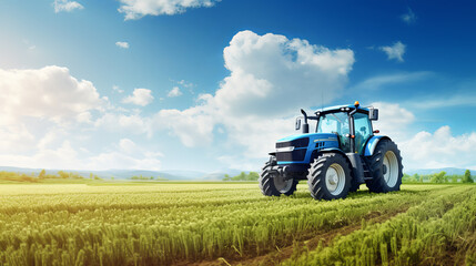 Tractor against the background of a sowing field. Agricultural machinery.