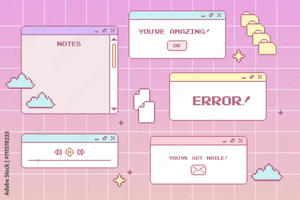 Fototapete y2k interface retro browser computer window set pastel retrowave pc desktop with message boxes and p